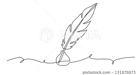Single Line Drawing of Quill Pen in Ink Bottle 131878873
