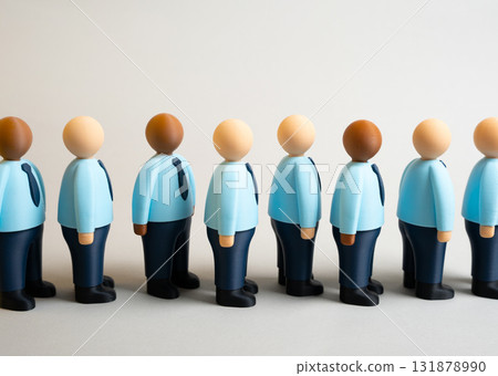 A line of office workers. Candidates for job interviews. Competition for a position. Unemployed office workers go to labor exchange. Job market, unemployment, hiring process. HR, economic downturns 131878990