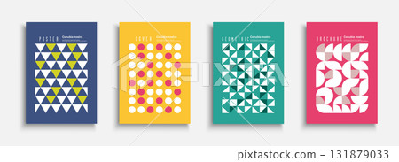 Collection of bright color posters with mosaic geometric shapes. Vector modern placards, brochures, banners, backgrounds, cards. Unusual creative fashion artwork covers. Decorative textured print 131879033