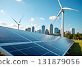 solar cells with wind turbines generating electricity in hybrid power plant systems station on blue sky background alternative renewable energy from nature Ecology concept. 131879056