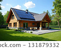 Solar Panel Station on Old House Roof with Wooden Facade and Dormers Windows. Modern Technology of Old House. Passive House 131879332
