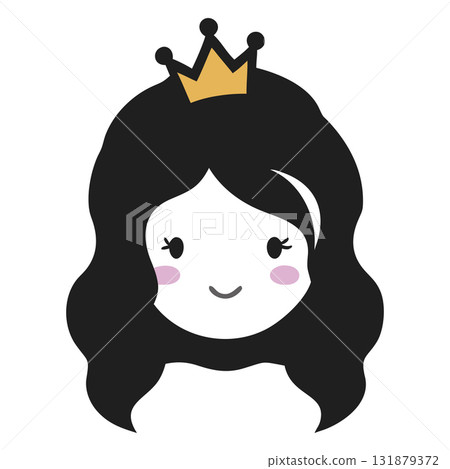 Cartoon princess face with dark hair and golden crown smiles gently outward 131879372
