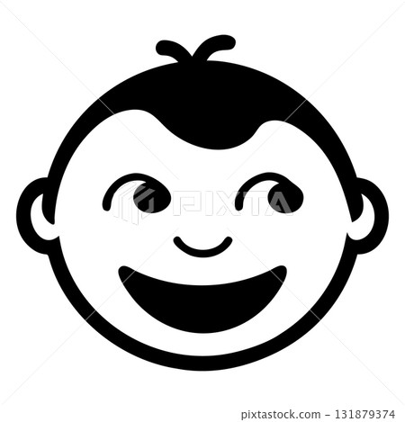 Cartoon toddler with a big, joyful smile shows happiness, winking with playful eyes 131879374