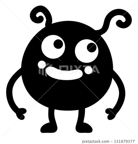 Cartoonish happy black monster with big eyes and cute antennas stands cheerfully Cartoonish happy black monster with big eyes and cute antennas stands cheerfully 131879377