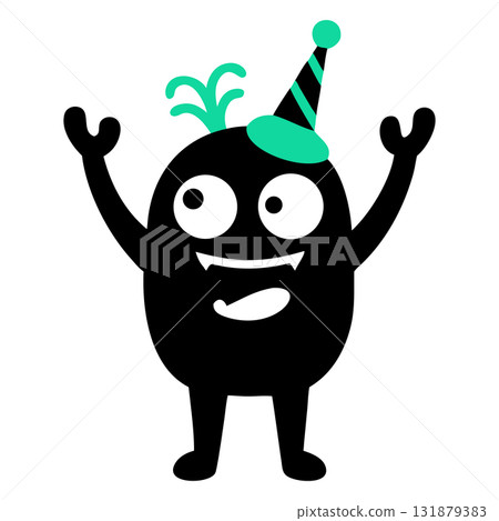 Cheerful black cartoon monster with party hat raises arms happily on white background Cheerful black cartoon monster with party hat raises arms happily on white background 131879383