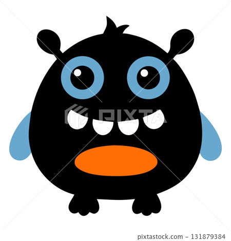 Cheerful black monster with light blue eyes and small light blue arms smiles 131879384