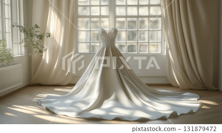 Elegant wedding dress with intricate detailing displayed in soft lighting 131879472