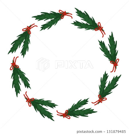 Circular Christmas wreath with green pine branch tied with red bow in flat style. Empty center space for text or design. 131879485