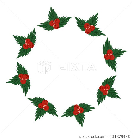 Circular wreath frame with green holly leaf and red berry arranged in circle on white background in flat style. Empty center space for text or design. Circular wreath frame with green holly leaf and red berry arranged in circle on white background in flat style. Empty center space for text or design. 131879488