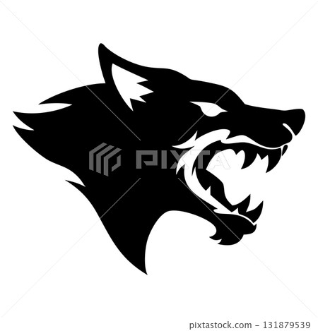 Fierce wolf head roaring aggressively showcasing sharp teeth in black illustration 131879539