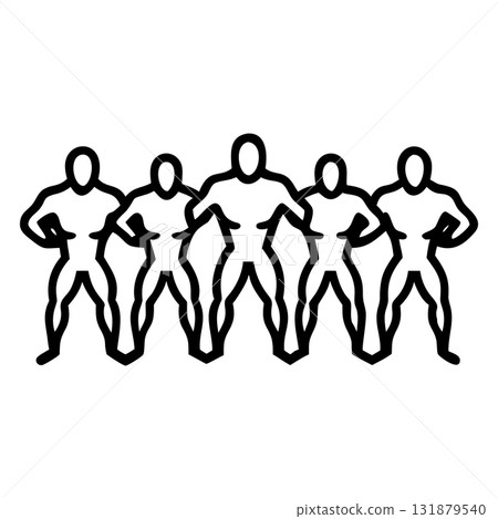 Five abstract black muscular figure line icons are positioned shoulder to shoulder together Five abstract black muscular figure line icons are positioned shoulder to shoulder together 131879540