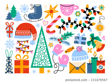 Christmas and New Year illustrations in cartoon style. Holiday gifts and decor, winter, snowflakes, Santa, Christmas tree, toys and cozy atmosphere. Festive seasonal vector objects in a retro style. 131879567