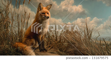 Red fox sitting in the grass 131879575