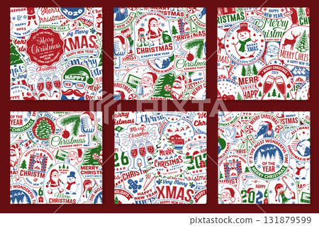 Set of Merry Christmas and 2026 Happy New Year seamless pattern or background with stamp, sticker with horse, Santa Claus, Christmas candy, gnome and elf. Vector. Vintage wallpaper design for Xmas Set of Merry Christmas and 2026 Happy New Year seamless pattern or background with stamp, sticker with horse, Santa Claus, Christmas candy, gnome and elf. Vector. Vintage wallpaper design for Xmas 131879599
