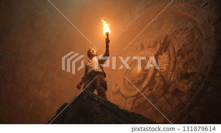 Man exploring ancient tomb with torch light Man exploring ancient tomb with torch light 131879614