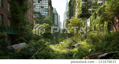 Post-apocalyptic new york city overgrown with lush vegetation Post-apocalyptic new york city overgrown with lush vegetation 131879615
