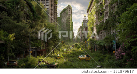 Post-apocalyptic new york city overgrown with lush vegetation Post-apocalyptic new york city overgrown with lush vegetation 131879617
