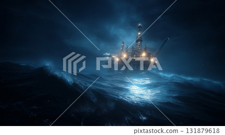 Oil platform on stormy sea 131879618