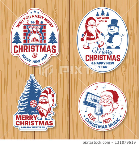 Set of Merry Christmas and 2026 Happy New Year stamp, sticker with horse, Santa Claus, Christmas candy, gnome and elf. Vector. Vintage typography design for Xmas, new year emblem in retro style 131879619