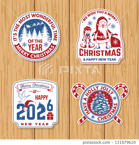 Set of Merry Christmas and 2026 Happy New Year stamp, sticker with horse, Santa Claus, Christmas candy, gnome and elf. Vector. Vintage typography design for Xmas, new year emblem in retro style 131879620