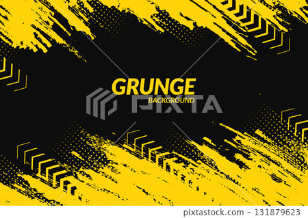 Yellow and black backdrop with dot halftone, arrows and grunge dirt elements. Urban style modern grunge background. Drive and speed modern creative wallpaper for your graphic design, banner or poster 131879623