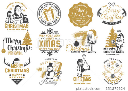 Merry Christmas and Happy New Year stamp, sticker, patch. Vintage print, logo, badge design with Santa Claus, Elf, casino dice, snowman, poker playing card, slot machines and sweet candy cane. Vector 131879624