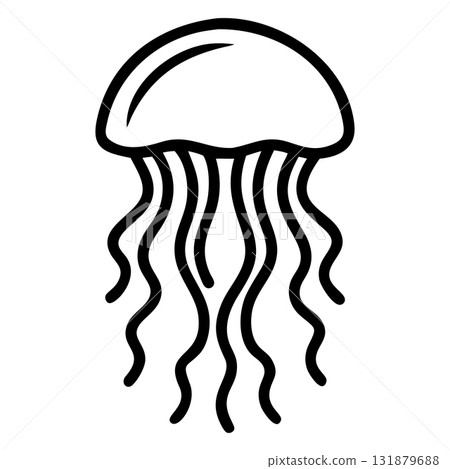 Isolated outline depicts a jellyfish featuring distinctive tentacles, showcasing marine wildlife in simple form Isolated outline depicts a jellyfish featuring distinctive tentacles, showcasing marine wildlife in simple form 131879688
