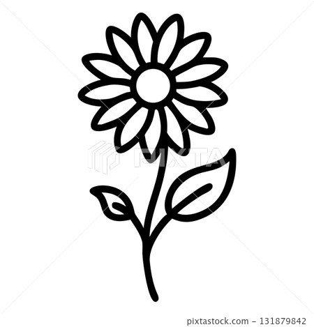Outline drawing shows a single stylized sunflower with leaves isolated on white 131879842