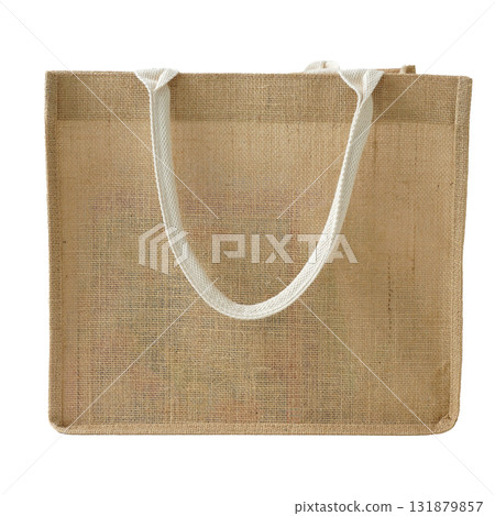 Brown sack cloth shopping bag simple design white cotton handle for a simple fashion lifestyle isolated on white background. 131879857