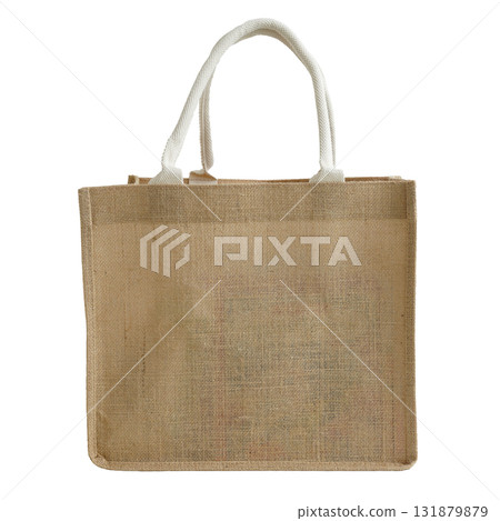 Brown sack cloth shopping bag simple design white cotton handle for a simple fashion lifestyle isolated on white background. 131879879