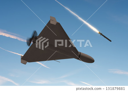 A modern drone on an attack mission, visible traces of missiles in the sky, a combined attack. 131879881