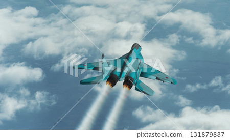 A powerful Russian jet fighter flies through the clear sky. 131879887