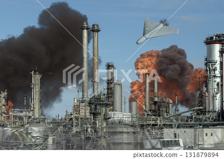 A drone strikes infrastructure at an oil refinery in an industrial zone. 131879894