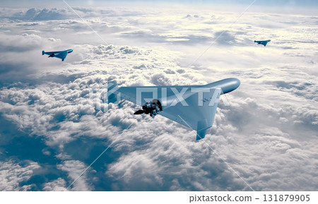 A modern drone in flight against the sunset sky. A modern drone in flight against the sunset sky. 131879905