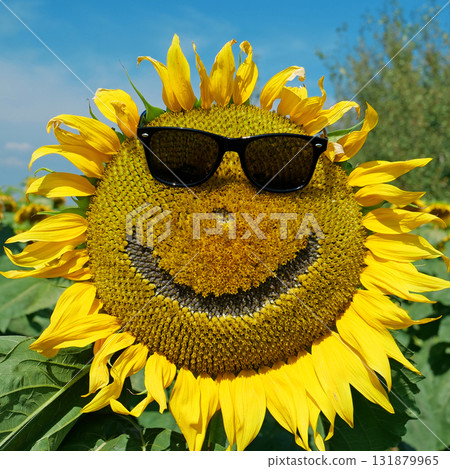 Sunflower in black sunglasses smiles and sways. Yellow sunflower looks like sun Sunflower in black sunglasses smiles and sways. Yellow sunflower looks like sun 131879965