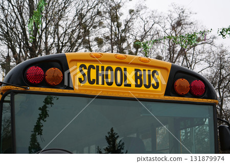 School bus stands in parking lot near school 131879974