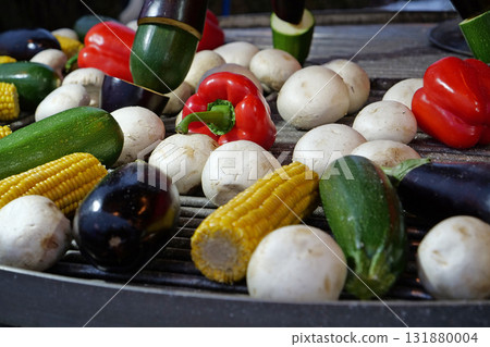 Aubergines, peppers, zucchini, corn, champignon mushrooms. Healthy vegetables 131880004