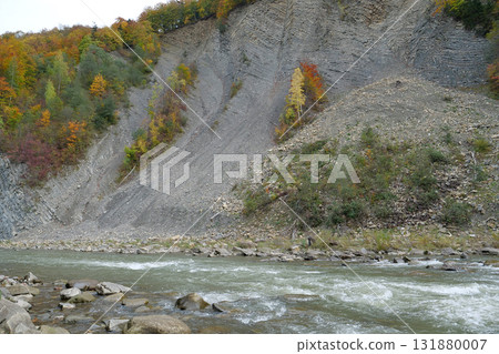 Beautiful mountain river with rapid current. Prut river and mountain folds 131880007