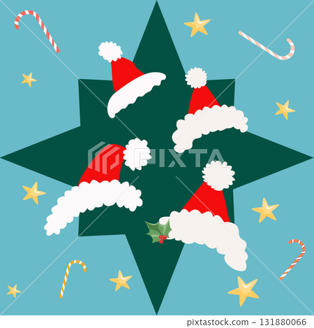 Seamless pattern with green star, Santa hats and candy canes on blue 131880066