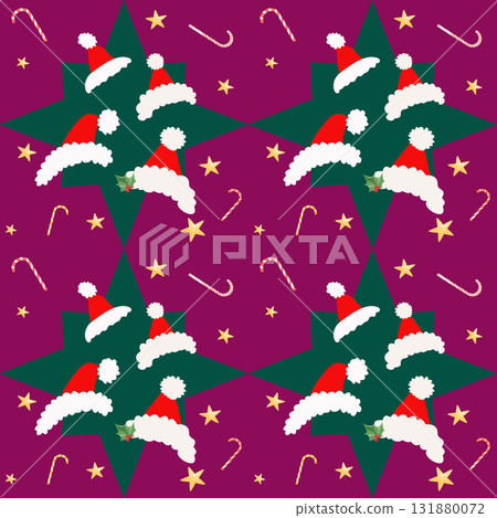 Seamless Christmas pattern with Santa hats, stars, and candy canes on purple background 131880072