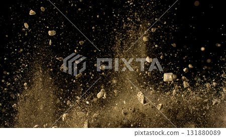 Freeze Motion Shot of Flying Soil , Isolated on Black Background 131880089