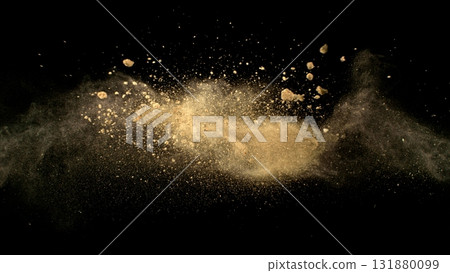 Freeze Motion Shot of Flying Soil , Isolated on Black Background Freeze Motion Shot of Flying Soil , Isolated on Black Background 131880099