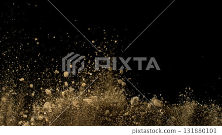 Freeze Motion Shot of Flying Soil , Isolated on Black Background 131880101