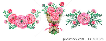 Watercolor set of Ranunculus flowers Bouquets. Floral element. Watercolor pink Ranunculus flowers illustration. Watercolor set of Ranunculus flowers Bouquets. Floral element. Watercolor pink Ranunculus flowers illustration. 131880178