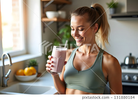 Woman with a homemade green detox juice, wearing sportive clothing 131880184