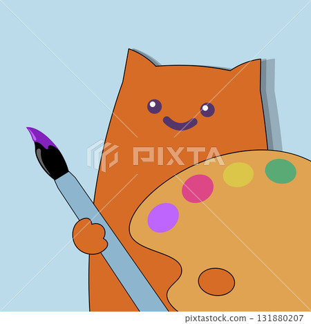 Cartoon cat artist illustration. Cute feline painter holds palette paint brush design. Art education creative arts crafts projects. Flat style light blue background vector 131880207