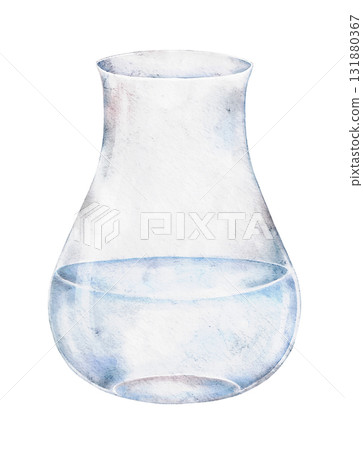 Watercolor illustration of transparent glass vase filled with clear water. Minimal element for Saint Valentines Day floral compositions, wedding invitations, cards, posters, packaging design projects. 131880367