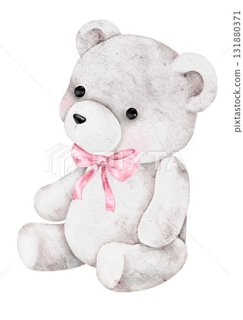 Soft grey teddy bear with pink ribbon painted in watercolor. Cute toy illustration ideal for Saint Valentines Day cards, baby shower invitations, nursery prints, or romantic gift design projects. Soft grey teddy bear with pink ribbon painted in watercolor. Cute toy illustration ideal for Saint Valentines Day cards, baby shower invitations, nursery prints, or romantic gift design projects. 131880371