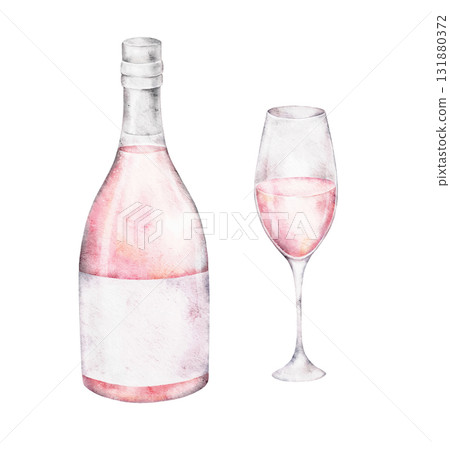 Watercolor bottle and glass of pink sparkling wine. Elegant illustration for Saint Valentines Day cards, wedding invitations, restaurant menus, event posters, packaging, romantic celebration designs. Watercolor bottle and glass of pink sparkling wine. Elegant illustration for Saint Valentines Day cards, wedding invitations, restaurant menus, event posters, packaging, romantic celebration designs. 131880372
