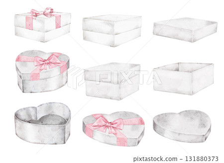 Set of watercolor gift boxes in grey and pink shades, some with ribbons and heart shapes. Perfect for Saint Valentines Day cards, packaging design, celebration invitations, or wedding stationery. Set of watercolor gift boxes in grey and pink shades, some with ribbons and heart shapes. Perfect for Saint Valentines Day cards, packaging design, celebration invitations, or wedding stationery. 131880373